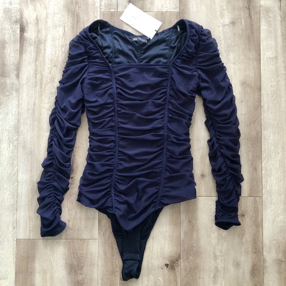 Zara, Ruched, Navy Blue, Tight, Fitted, Bodysuit, Size Med, NEW With Tags - Picture 3 of 12